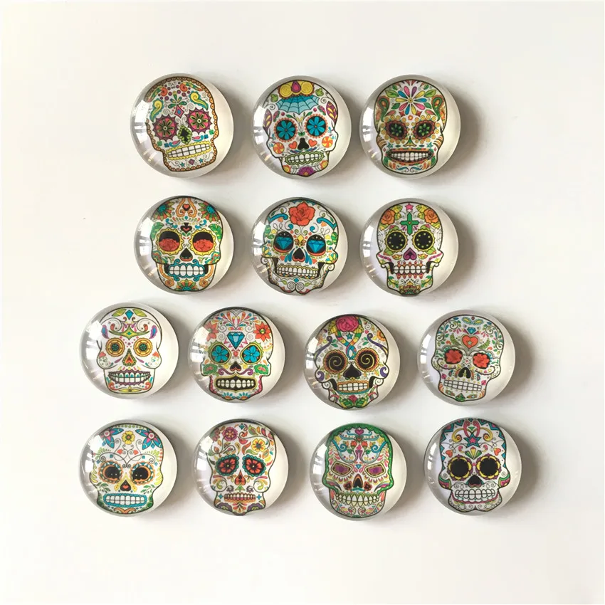 Free shipping (14pcs/lot) Dia.3cm Round Crystal Glass fridge magnet Cartoon Skull message sticker Punk Style Decoration