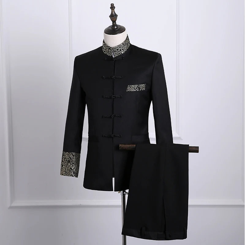 

100%real mens black chinese style mandarin collar performance jacket/party/dance/sing/stage performance/jacket &pants