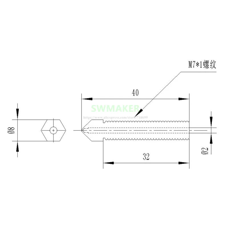 1pcs M7 Thread Extended Nozzle 0.4mm 0.5 0.8 1.1mm 1.3mm MK10 Brass Nozzle 7MM Extra Long Copper Nozzle