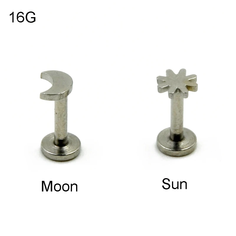 Showlove-2Pcs Stainless Steel Sun and Moon Shape Internally Thread Labret Lip Studs Rings Ear Cartilage Helix Studs