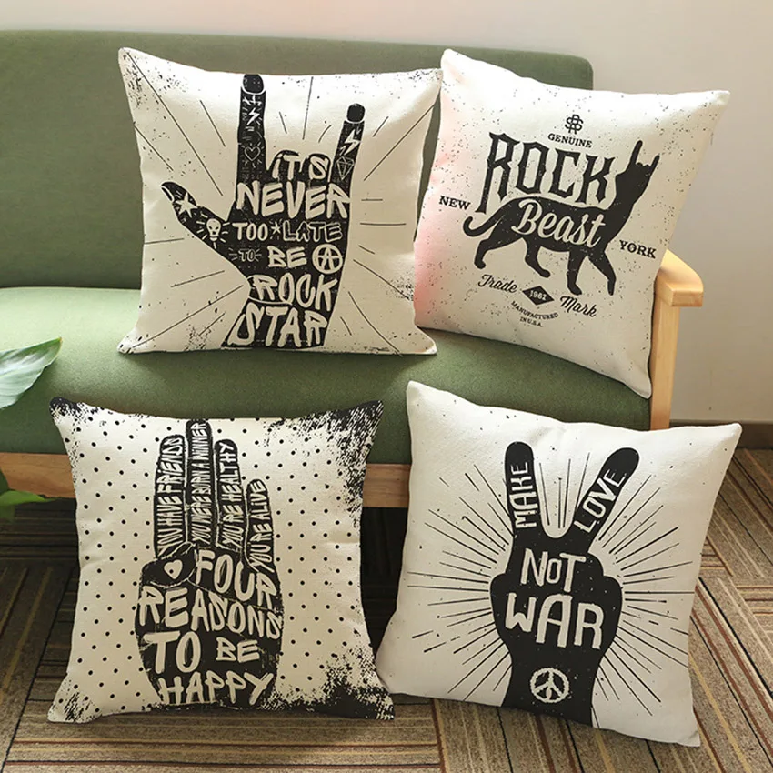 Letter Print Music Festival Cushion Pillow Case Music Gesture Rock N Roll Cojines Decorativos Sofa Pillow Cover Home Decor