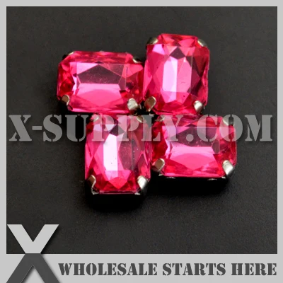 

6x8mm Mounted Rectangle Octangle #24 Hot Pink Acrylic Rhinestone Gems in Silver Nickel Sew on Setting for Shoe,Garment