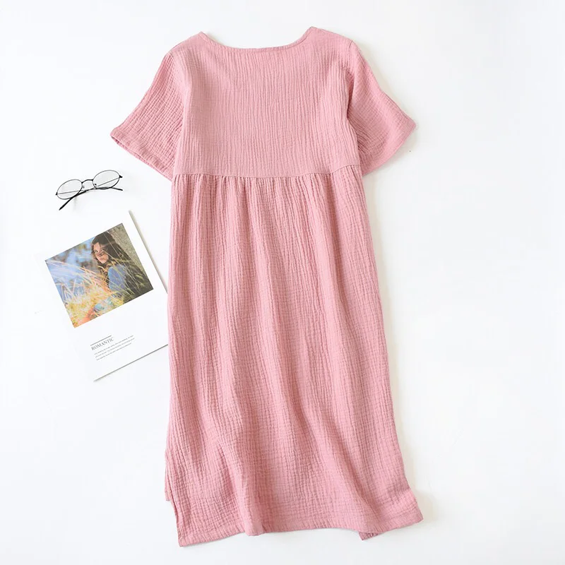 Summer New Women Nightdress Solid Color Comfort Gauze Cotton Long Dress Homewear Dress Round Collar Ladies Soft Thin Nightgown