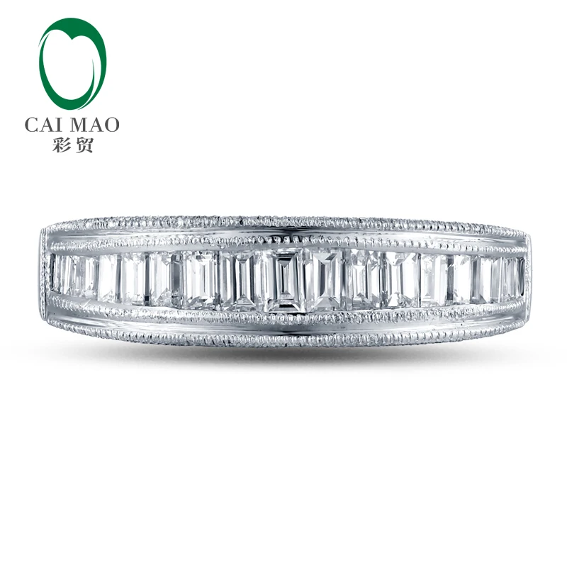 Caimao Jewelry Unplated 14k Gold Natural 1.25ct Round/Baguette Diamond Milgrain Engagement Wedding Band