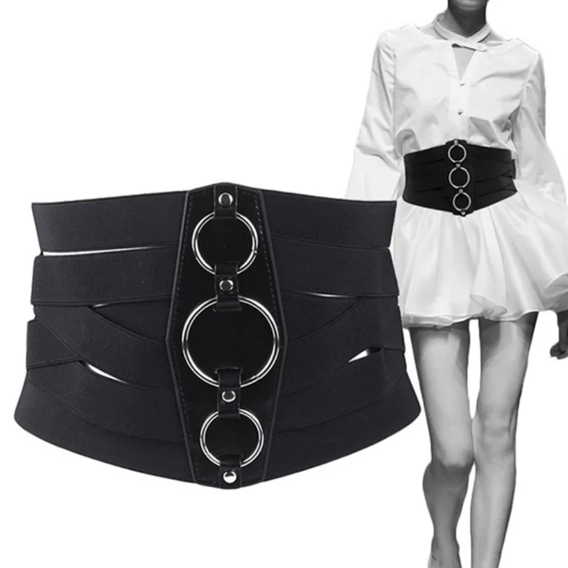 Ceinture Corset élastique pour femmes en cuir PU grande taille large sangle Punk en métal argenté tendance