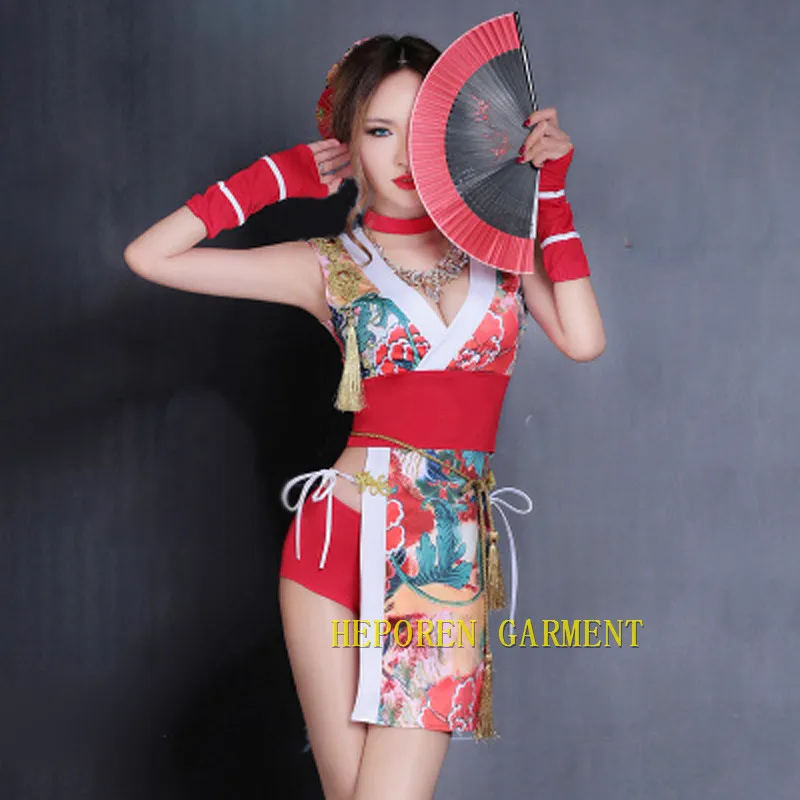 Women Geisha Bodysuit Sexy Club Japan Fish Pattern Jumpsuits Bodycon Costumes Okuni Clothes Kimono Dress Sexy Skirt