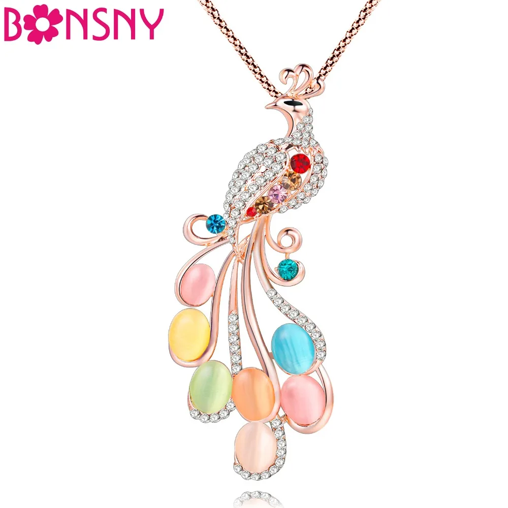 Bonsny Peacock Necklace Long Pendant  Brand Crystal Chain New 2017 Zinc Alloy Girl Women Fashion Jewelry Statement Accessories