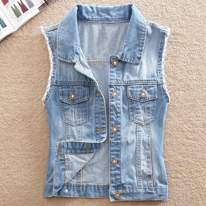 

2024 Spring Denim Vest Women's Coat Vintage Cardigan Sleeveless Short Casual Jeans Jackets Coats Waistcoat Large Size XS-4XL M10