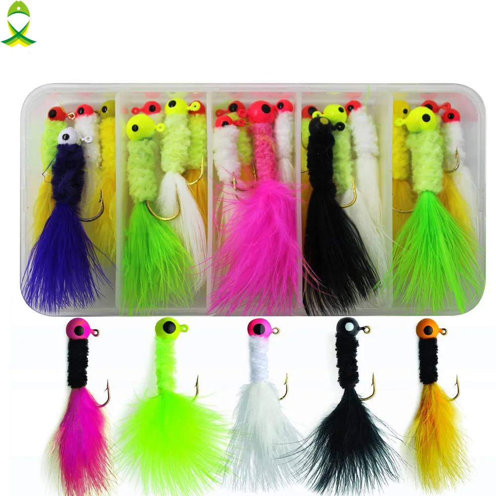 20Pcs Jig Heads for Fishing Crappie Jig Head Marabou Feather Jig Lures Round Jig head Hooks for Bass Trout Panfish Fishing