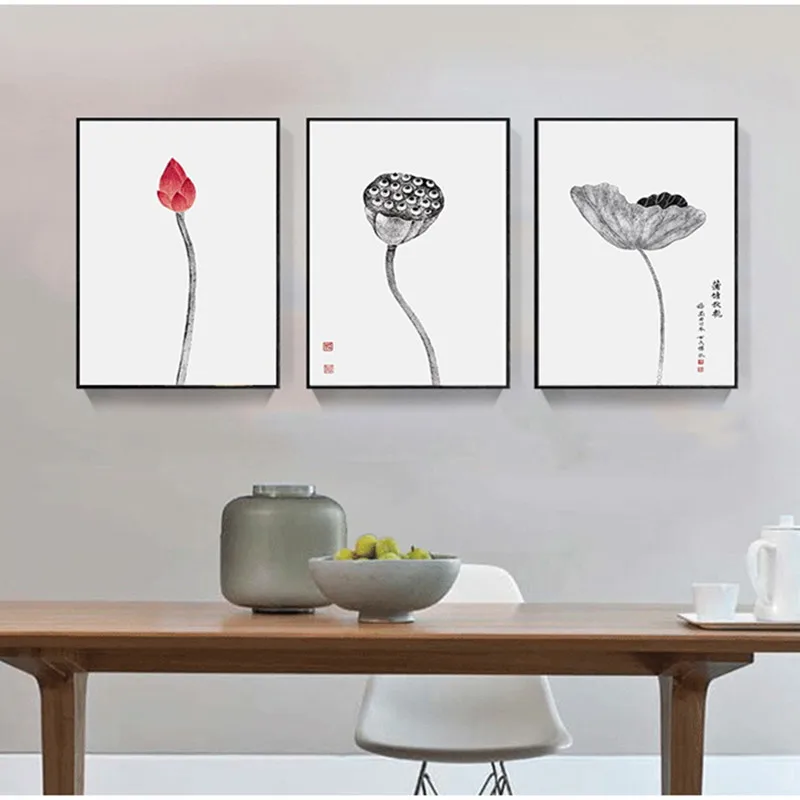 Modern oil painting lotus and seal canvas painting Chinese style simple study paintings home living room paintings pintura 20x30