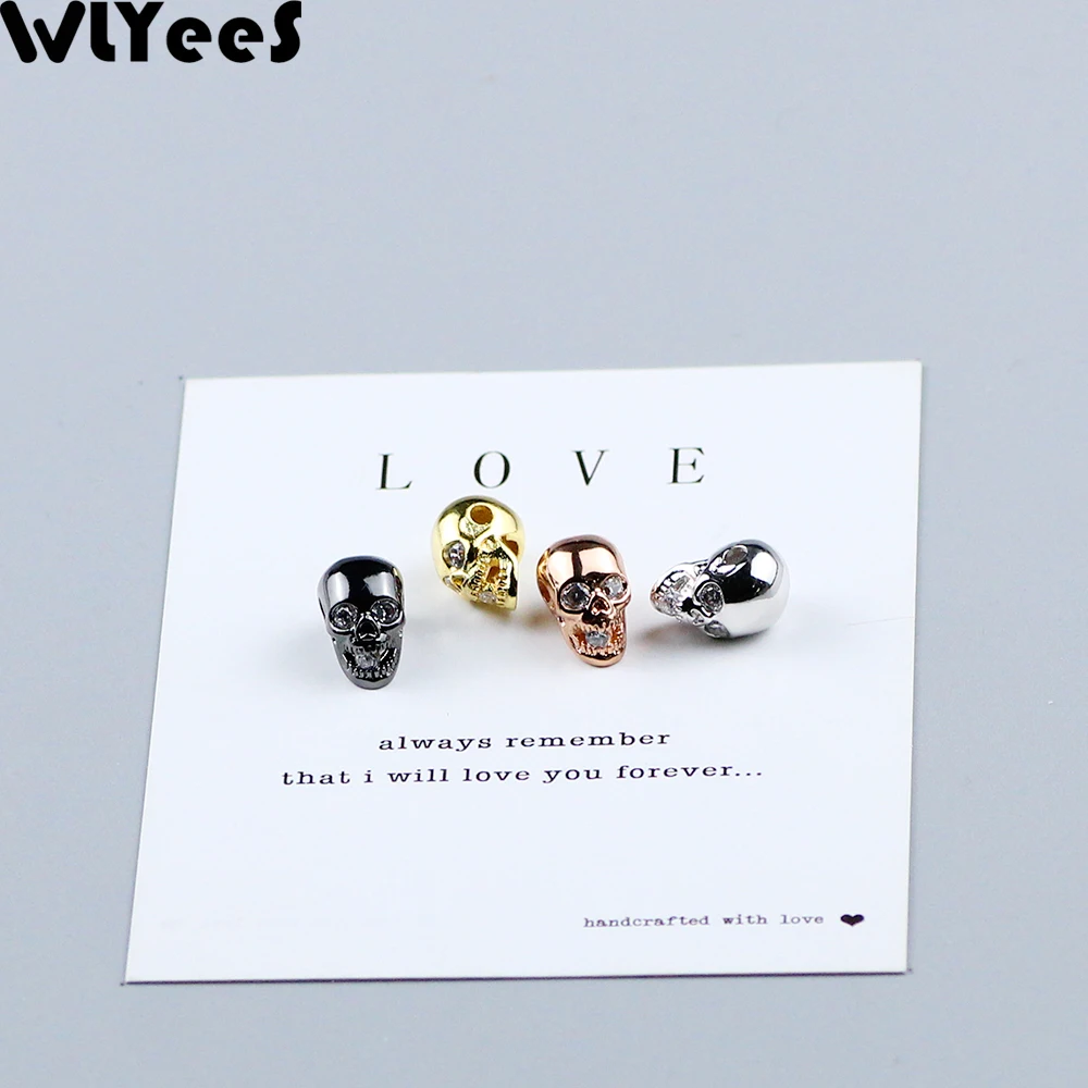 WLYeeS 4pcs white zircon Skull Charm Copper beads Inlay CZ Metal Spacer Loose beads Jewelry bracelet making Necklace DIY Finding