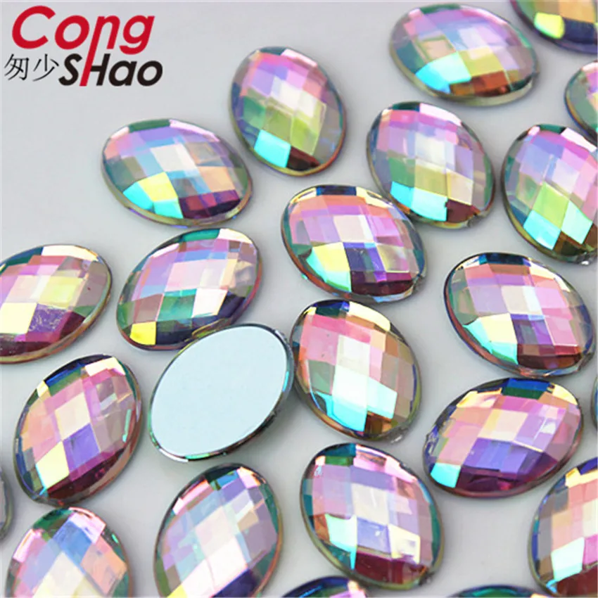 Cong Shao 100Pcs 10*14mm Colorful Acrylic Rhinestone Flat Back Oval Shape Stones And Crystals Clothing Crafts Accessories 8Y772