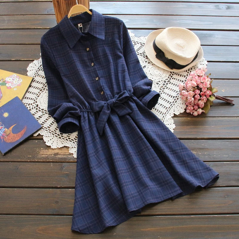 YSMILE Y Spring Autumn Dress Full Sleeve Casual Style Plaid Fashion Bow Vintage Dresses Women Cotton And Linen Clothing YK9420