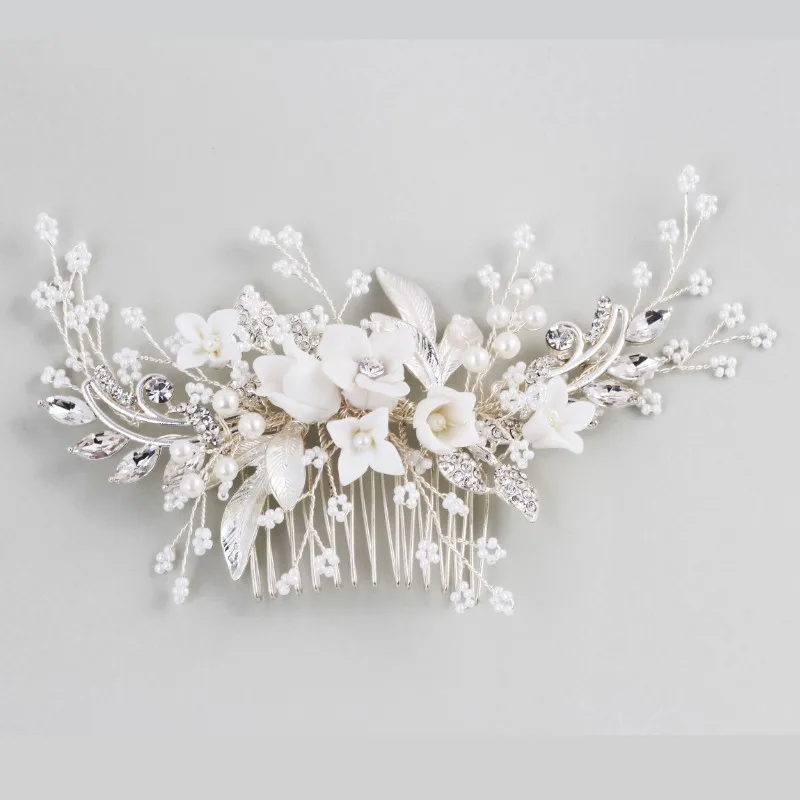 

Stunning Floral Headpiece Bridal Silver color Hair Comb Piece Pearls Women Prom Hair Jewelry Wedding Accessories