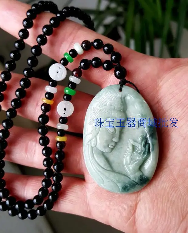 Pure hand carved guanyin pendant Tie-in black bead necklace Men and women style restoring ancient ways