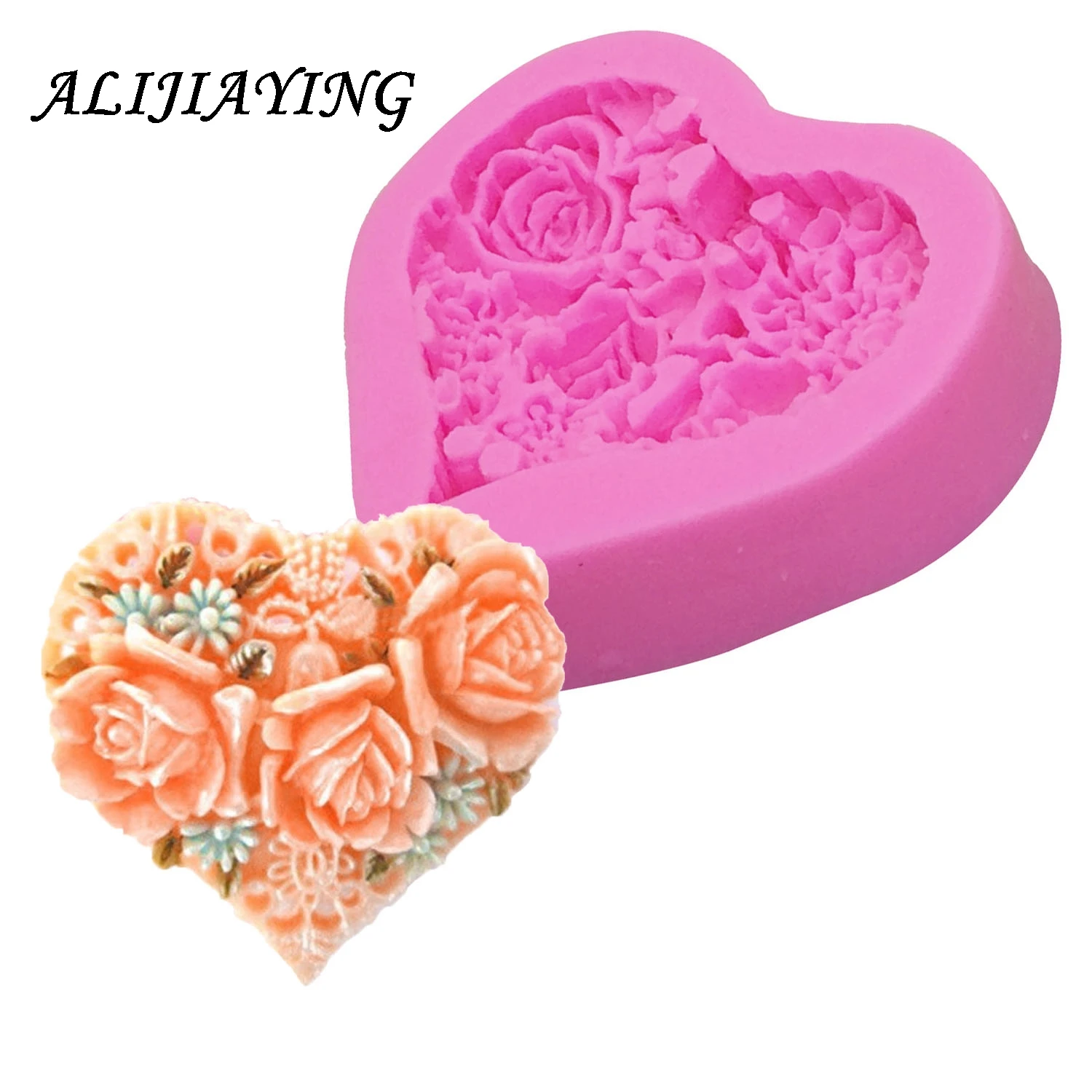 3D Rose Flower Bouquet Loving Heart Shape Valentine\'s Day Gift Present Fondant Cake Mold Silicone Sugar Chocolate D0085