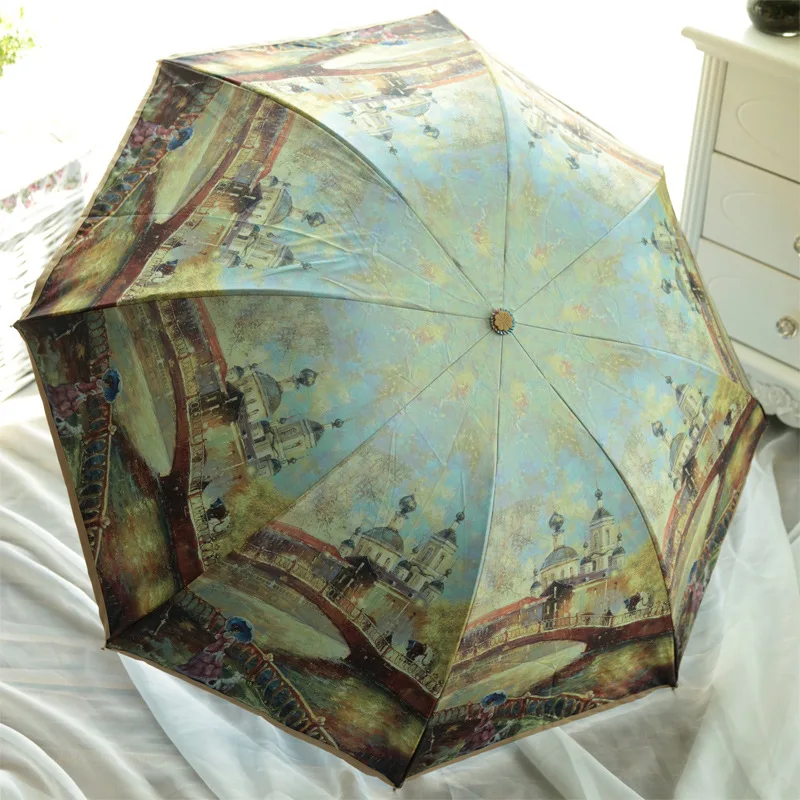 Famous painting Double thick silver coating anti uv umbrella for men blue sky and white clouds inside women rain umbrella