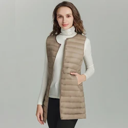 Chaleco largo ajustado para mujer, chaqueta ultraligera de plumón, sin mangas, forro largo, Primavera, novedad