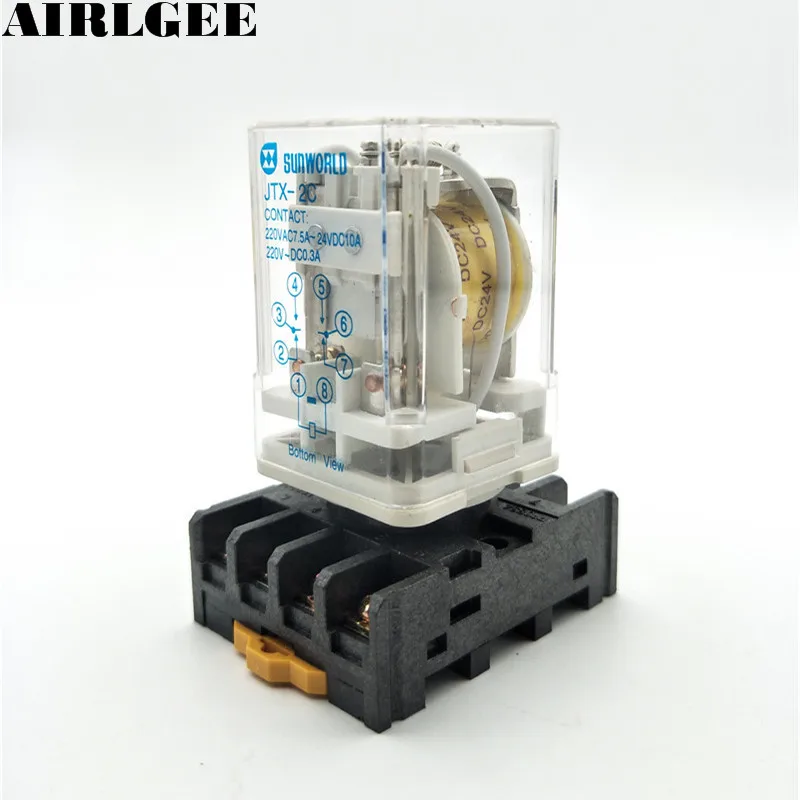 JTX-2C 8 Round Pin with Socket DPDT DIN Rail 10A Electromagnetic Relay DC 24V Coils Free Shipping