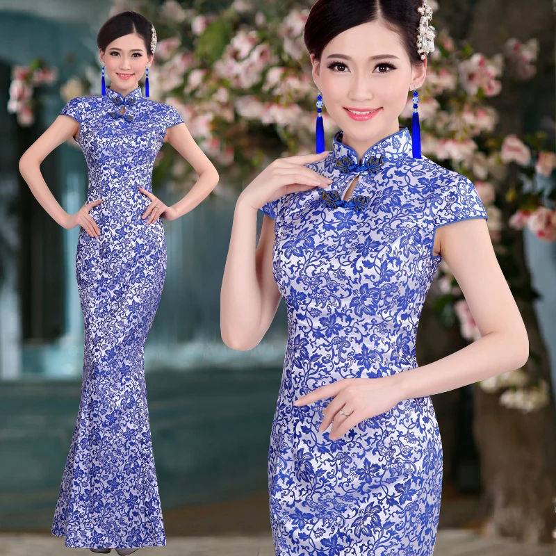 Gaun Wanita Cheongsam Panjang Ekor Ikan Duyung Gaya Tradisi Tiongkok Porselen Biru & Putih Setelan Tang Ditingkatkan Qipao