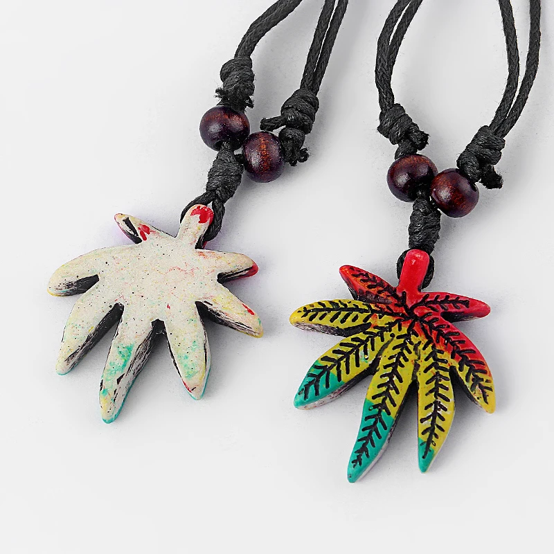 1pcs Resin White Brown Rasta Style Pot Leaf Weed Leaf Necklace Black Wax Cotton Cord Adjustable Jewelry