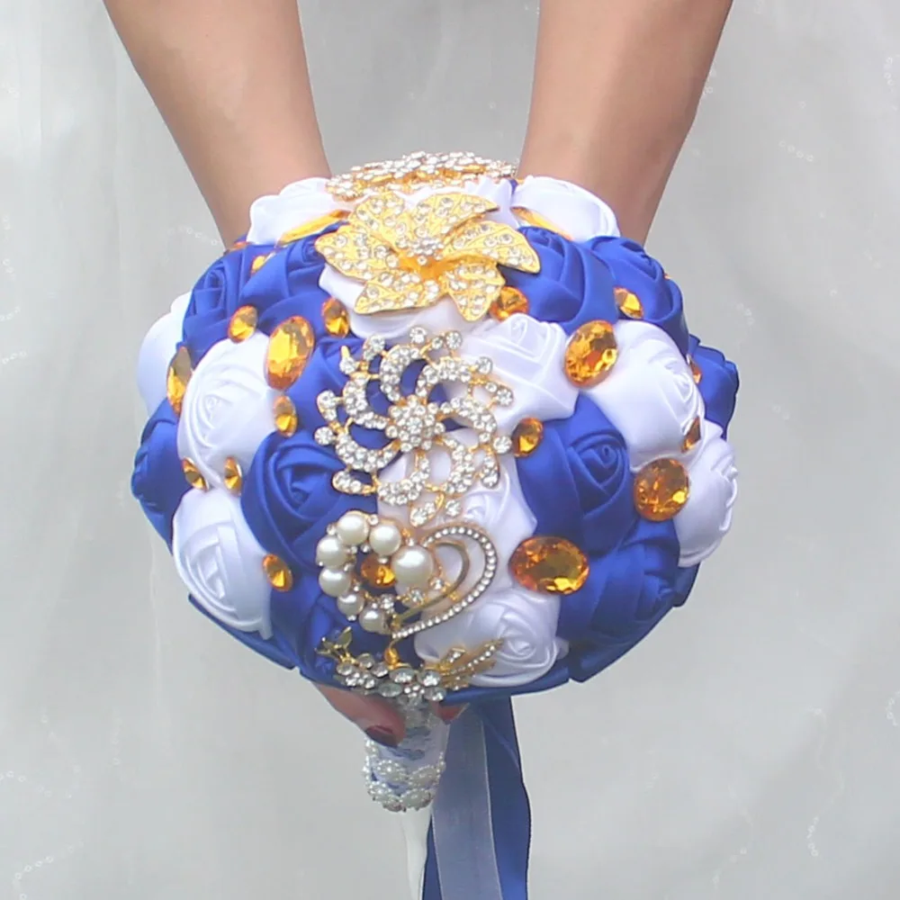 WifeLai-A Gold Brooch Hand Holding Flower Bouquets Custom Royal Blue Ivory Bridal Bridesmaid Crystal Silk Wedding Bouquet  W227