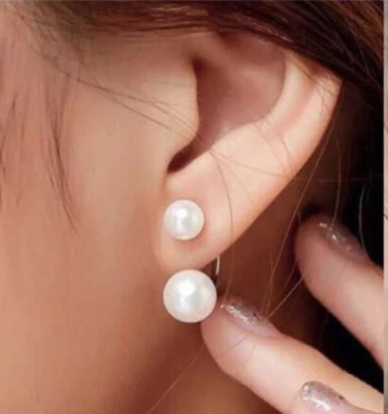 New Arrival Pure 925 Sterling Silver SilverDouble Natural Round Pearl Beads Stud Earrings For Woman Wedding Fine Jewelry Gift