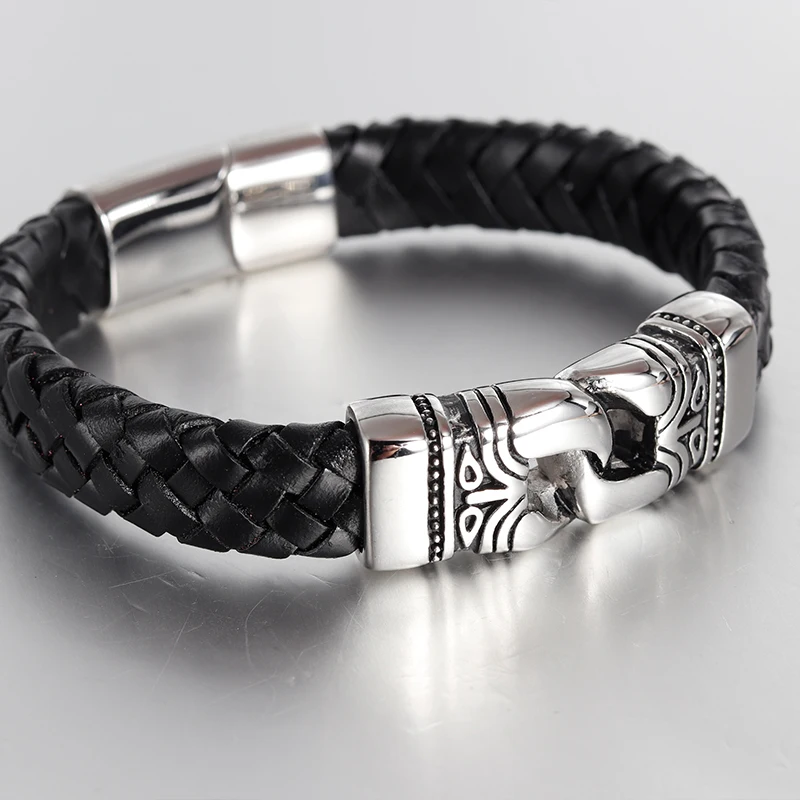 FASHION Men Bracelet Black  Vintage Leather Bracelet Stainless Steel Magnetic Clasps Bracelets Male Hot Jewelry  Ethnic Ethnic