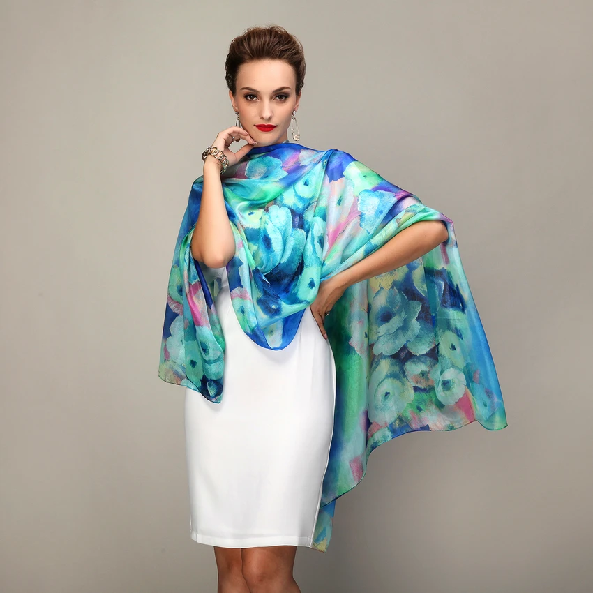 2022 Women Winter Long Scarf Shawl Spring Autumn Female Blue Silk Scarves Printed Summer 100% Mulberry Silk Beach Cover-ups