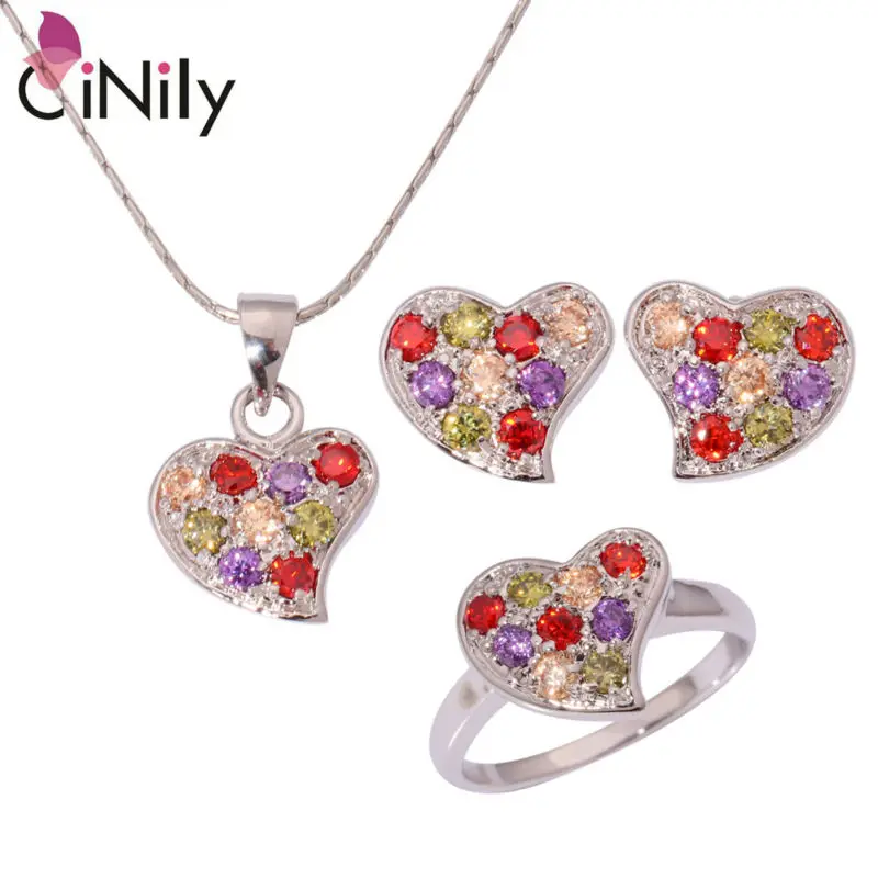 AAA Zircon Multigem Morganite Silver Plated Wholesale Heart for Women Jewelry Necklace Pendant Earrings Ring Jewelry Set NT191-3