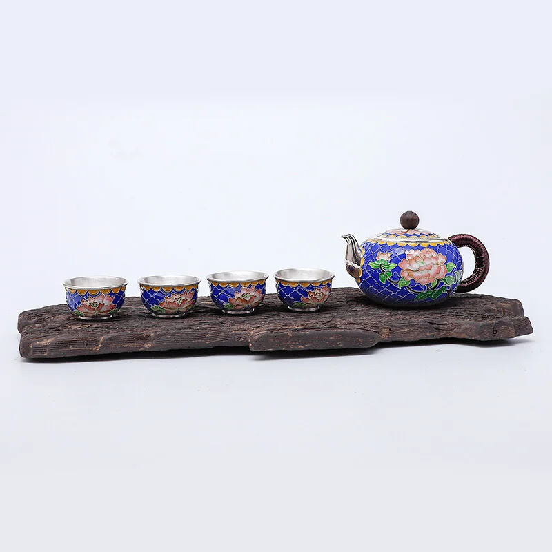 Cloisonne Peony Silver Tea Set Pure Hand-made Pinch Silk Enameled ColorSilver Bottles Teapots  Silver Cups Collections Gifts