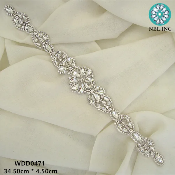 (30PCS)Wholesale hand beaded sewing bridal sash silver clear crystal rhinestone applique for wedding dresses DIY iron on WDD0471