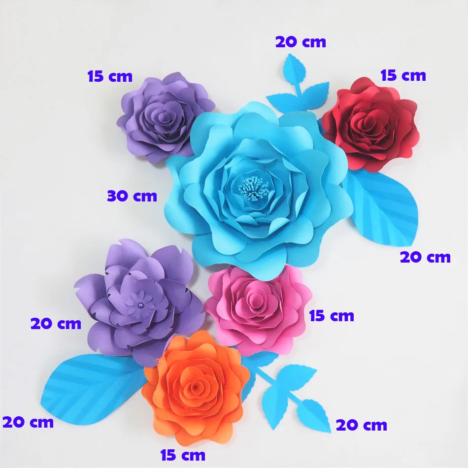 DIY Giant Paper Flowers Fleurs Artificielles Backdrop Artificial Rose 6pcs+4 Leaves Bedroom Wall Deco Color Themed Mix Colors