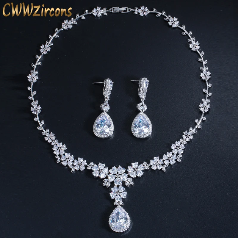 

CWWZircons Luxury African Women Wedding Party Costume Jewelry Long Drop Flower Bridal CZ Earring Necklaces Sets For Brides T177
