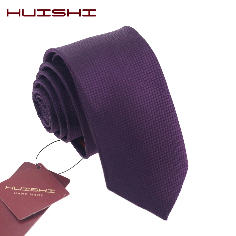 Huishi-gravata slim roxa escura, moda masculina, gravata fina, impermeável, estilo jacquard, cor sólida, para homens, gravatas casuais