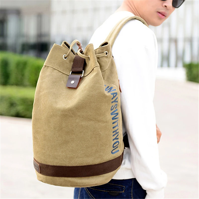 Men\'s Multifunctional Canvas Bucket Backpack Letter Printing Drawstring Shoulder Bags Large Army Travel Rucksack XA2141C