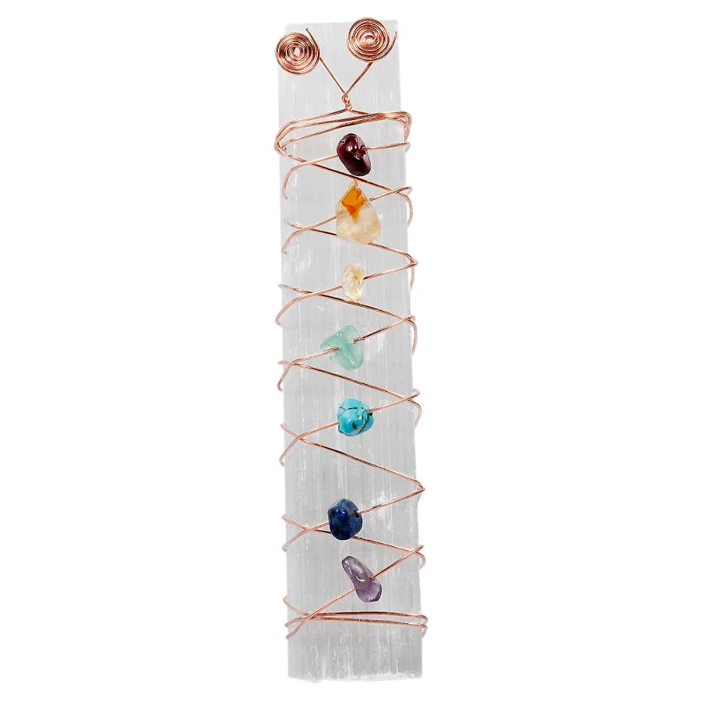 TUMBEELLUWA 7 Chakra Selenite Wand, Natural Tumbled Chips Stone Wire Wrapping Crystal Stick, Healing Reiki Metaphysical