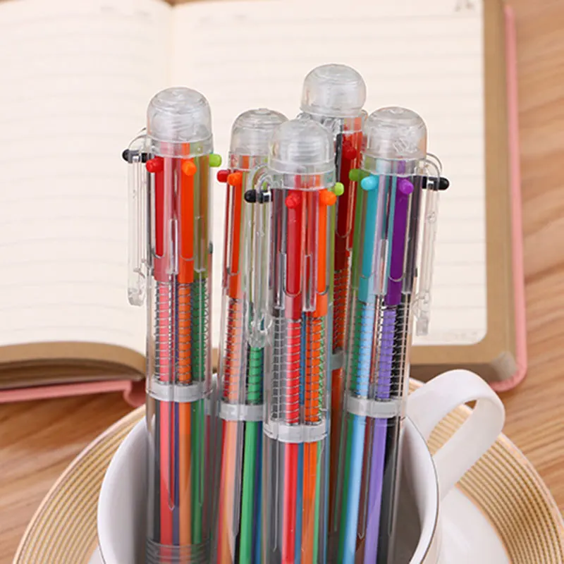 (2Pcs/Lot) 6 Color 1 Transparent Ballpoint Pen 6 Color Refill School and Office Supplies Can Push Learning Stationery Ball Pen