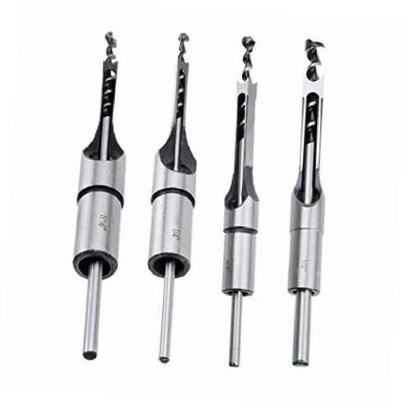 Silver 4pc Steel Twist Drill Woodworking Tool Mortising Chisel Square Hole Extended Saw