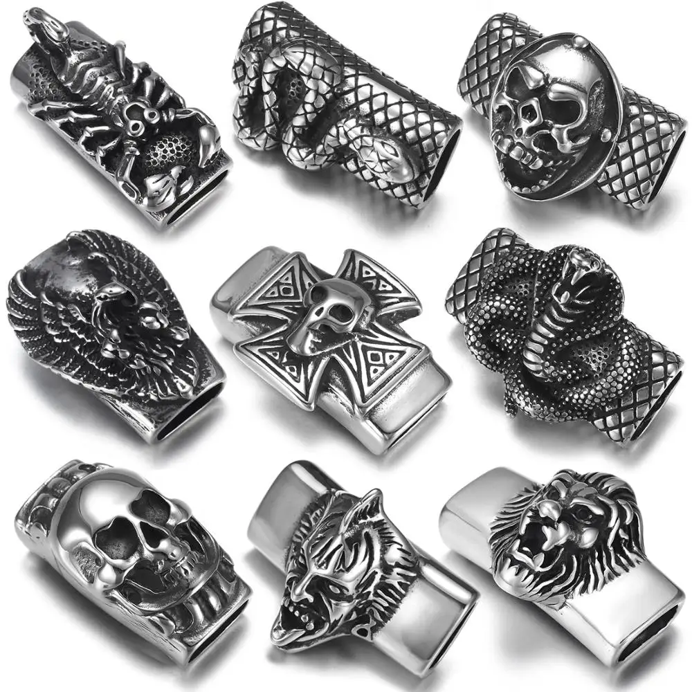 Stainless Steel Punk Slider Beads Skull Viking Slide Charm Fit 12*6mm Flat Leather DIY Men Bracelet Jewelry Making Supplies
