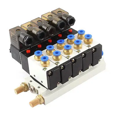 DC 24V 2 Position 5 Way Quadruple Solenoid Valve w Base Push In Silencer