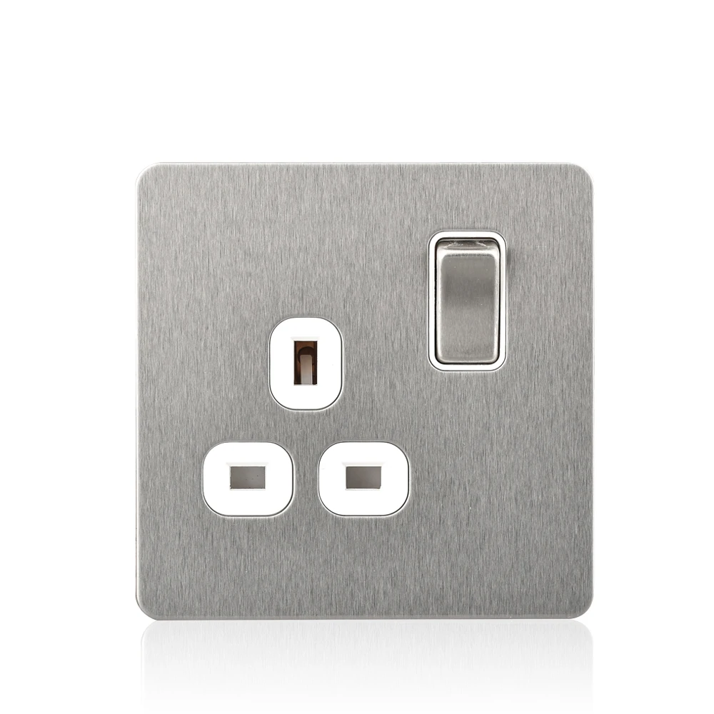 

Satin socket 13a 1 gang power socket satin chrom plug socket with wall light switched socket steel screwless panel