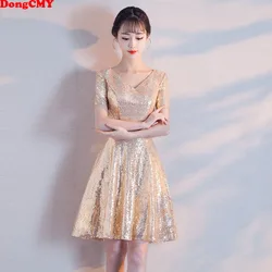 Prom Dresses Party DongCMY Gold New Sexy Formal Summer Women Evening Short Simple V-neck Sequined