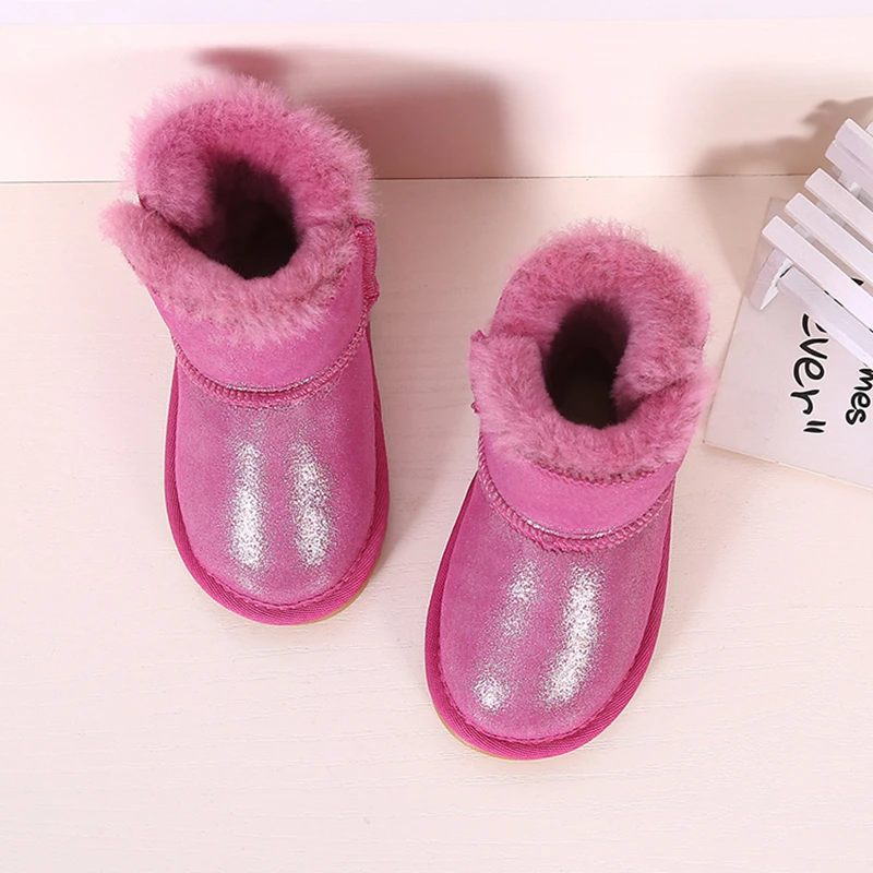 BeckyWalk 2024 New Winter Girls Boys Children Snow Boots Warm Baby Toddler Boots Genuine Leather Anti-slip Fur Kids Shoes CSH733