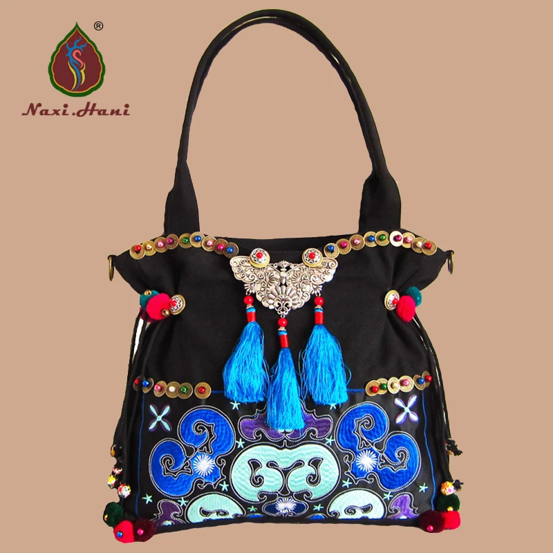 BOHO tassel bag Hmong canvas embroidered women bags Vintage Ethnic shoulder messenger bags handmade tote bag