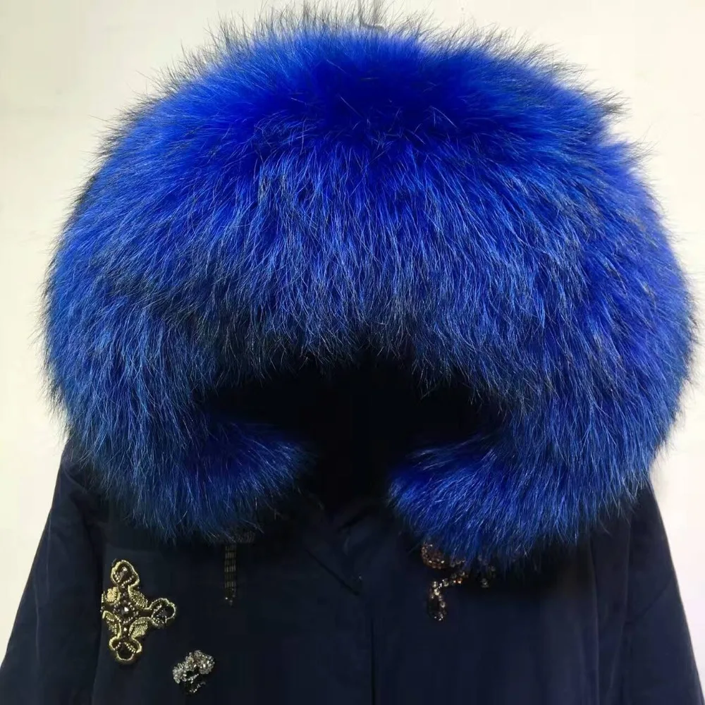 Navy Long Parka Blue Faux Fur Lining Beads Overcoat Real Raccoon Fur Winter Nice Coat