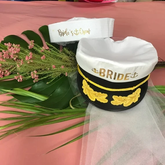 

personalize Nautical sailor hats, Beach Wedding I do Hats, bride captain hats with veil, cruise Bachelorette birthday CAPS