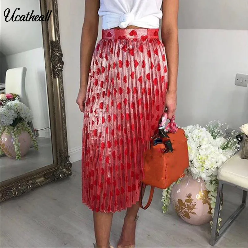 New 2020 Autumn And Winter Skirt Pound  Shiny Love Pink Peach Pleated Skirt Female High Quality Temperament Mid Skirt