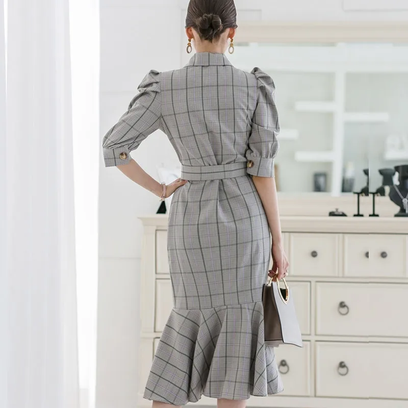 Plus Size Work Office Midi Dress Women Half Sleeve Notched Print Plaid Blazer Dress Women Double Button Summer Dress 2019 Robe