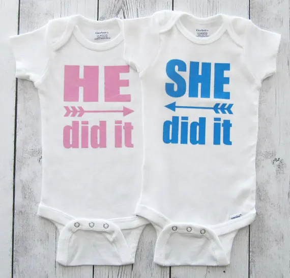 custom Twins He did it, She did it newborn infant baby bodysuit onepiece romper Outfit coming Home toddler shirt party favors